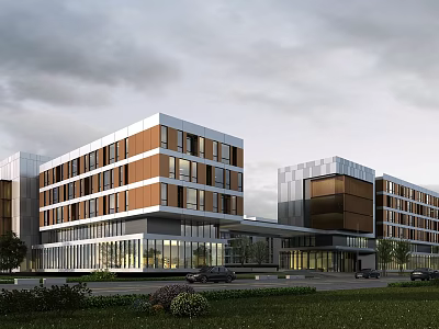 Modern Multi Story Office Building Exterior With Glass Curtain Walls Wooden Panels And Lawn Area 3d model
