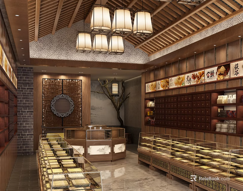 Traditional Chinese Specialty Store Interior With Wooden Decor Display Cabinets And Hanging Lamps 3d model 