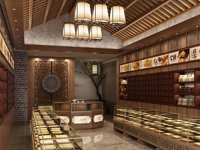 Traditional Chinese Specialty Store Interior With Wooden Decor Display Cabinets And Hanging Lamps 3d model