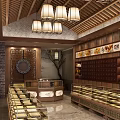 Traditional Chinese Specialty Store Interior With Wooden Decor Display Cabinets And Hanging Lamps