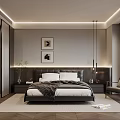 Modern Bedroom Interior Featuring Dark Headboard White Pillows Gray Throw Wall Art and Pendant Lights
