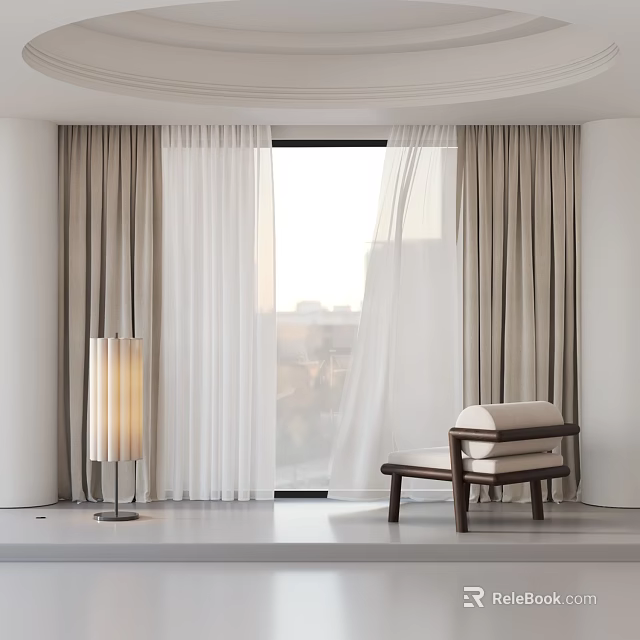 Light Beige Curtains With Sheer White Panels By Window And Wooden Chair 3d model 