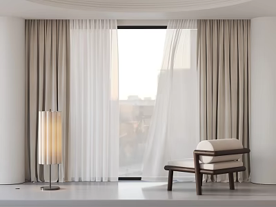 Light Beige Curtains With Sheer White Panels By Window And Wooden Chair 3d model