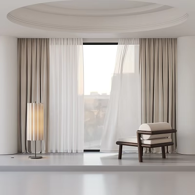 Light Beige Curtains With Sheer White Panels By Window And Wooden Chair 3d model