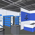 Blue Retail Store Interior With Display Wall Shelves And Self Service Kiosk