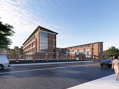 Modern School Building With Red Brick Exterior Large Glass Windows Green Trees Road And Pedestrians 3d model