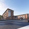 Modern School Building With Red Brick Exterior Large Glass Windows Green Trees Road And Pedestrians