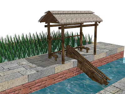 Traditional Thatched Roof Pavilion With Stone Path Grass Brick Wall And Water Channel 3d model