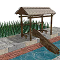 Traditional Thatched Roof Pavilion With Stone Path Grass Brick Wall And Water Channel