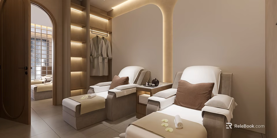 Luxury Beauty Hair Salon Interior With Comfortable White Chairs And Wooden Robe Shelves 3d model 