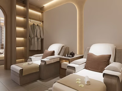 Luxury Beauty Hair Salon Interior With Comfortable White Chairs And Wooden Robe Shelves 3d model