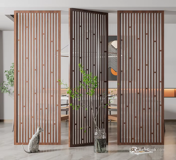 Modern Wooden Room Divider Design With Vertical Slats And Indoor Plants 3d model 