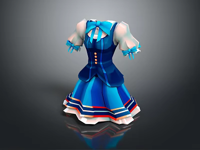 Stylish Blue Women Dress With White Sleeves Blue Bow And Striped Trim 3d model
