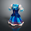 Stylish Blue Women Dress With White Sleeves Blue Bow And Striped Trim