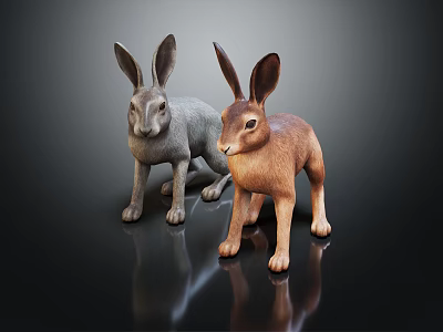 Two Gray and Brown Rabbit Toy Figurines Standing on Black Reflective Surface 3d model