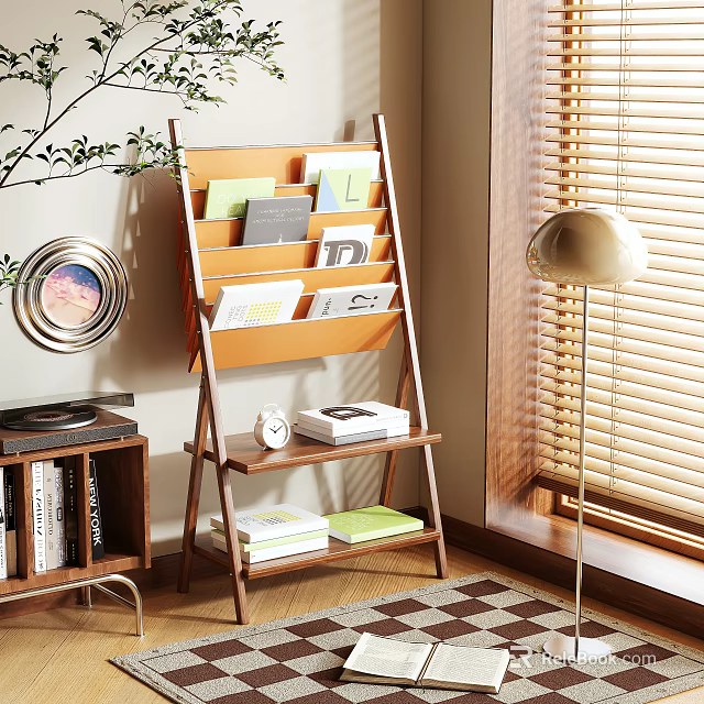 Wooden Multi Tier Ladder Shelving Unit With Files Books Table Lamp And Window Blinds 3d model 