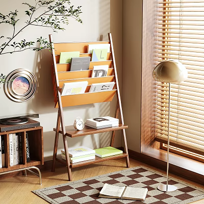Wooden Multi Tier Ladder Shelving Unit With Files Books Table Lamp And Window Blinds 3d model