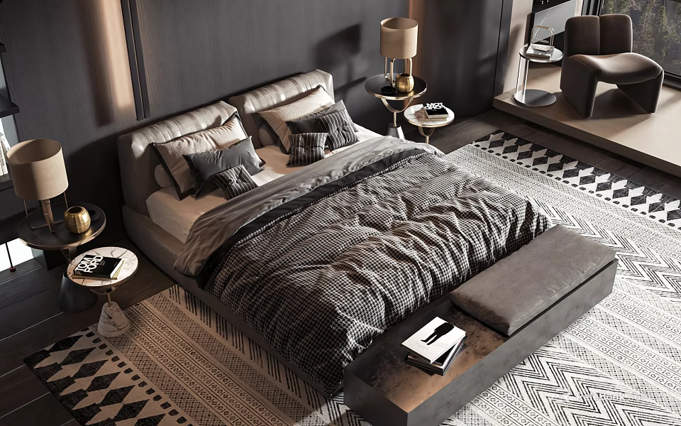 Modern Double Bed with Textured Bedding Gold Lamp Nightstand Gray Bench and Geometric Rug 3d model 