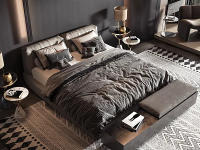 Modern Double Bed with Textured Bedding Gold Lamp Nightstand Gray Bench and Geometric Rug 3d model