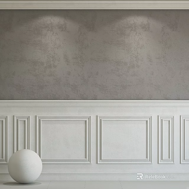 White Wainscoting Panel Design With Textured Gray Wall And Spherical Decor 3d model 