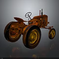 Vintage Red Tractor With Large Wheels And Yellow Rims On Gray Background