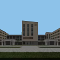 Modern School Building With Symmetrical Multi Story Design And Front Lawn Square