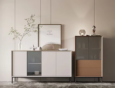 Modern Entryway Cabinet And Sideboard With Glass Doors Decorative Items Green Plant And Wall Art 3d model