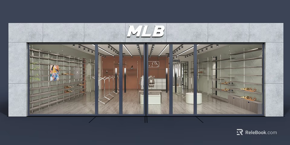 MLB Clothing Store Interior With Stylish Display Racks Clothing Items And Shoe Displays 3d model 