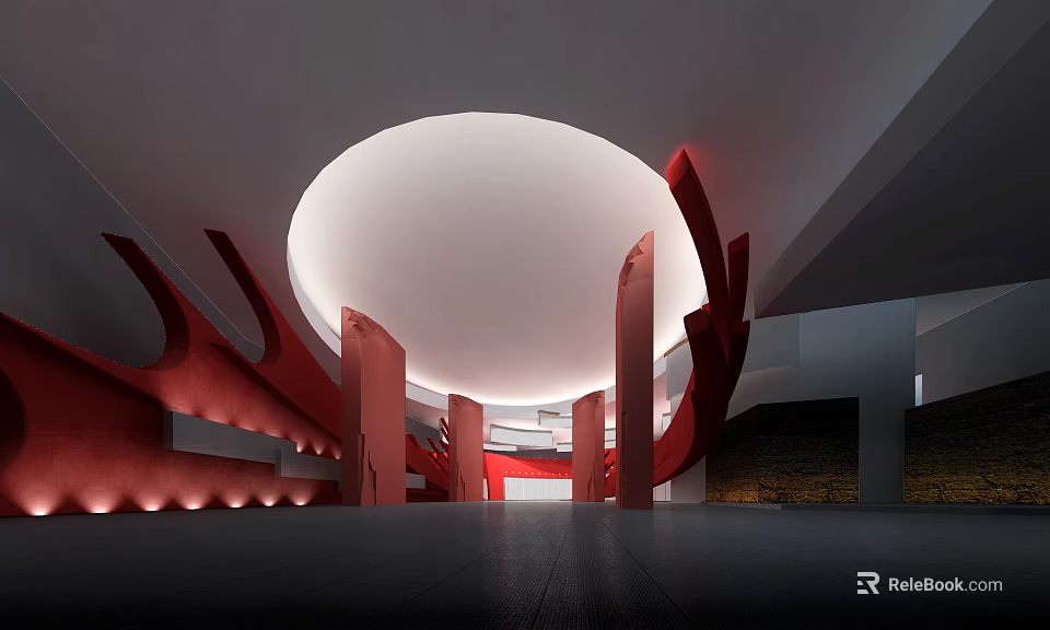 Modern Exhibition Hall Featuring Red Curved Structures Circular Ceiling Columns Spacious Interior And Ambient Lighting 3d model 
