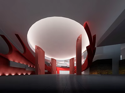 Modern Exhibition Hall Featuring Red Curved Structures Circular Ceiling Columns Spacious Interior And Ambient Lighting 3d model