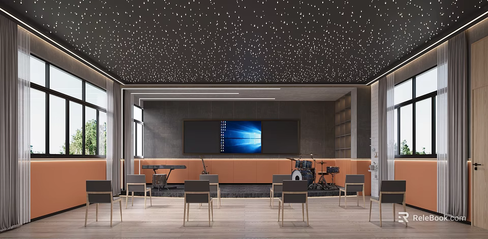 Modern Fitness Studio With Musical Instruments Starry Ceiling And Screen 3d model 