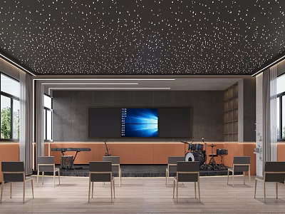 Modern Fitness Studio With Musical Instruments Starry Ceiling And Screen 3d model