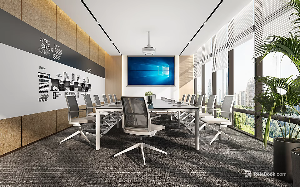 Modern Conference Room Interior Design With Large Table Office Chairs Projection Screen And City View 3d model 