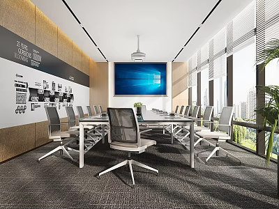 Modern Conference Room Interior Design With Large Table Office Chairs Projection Screen And City View 3d model