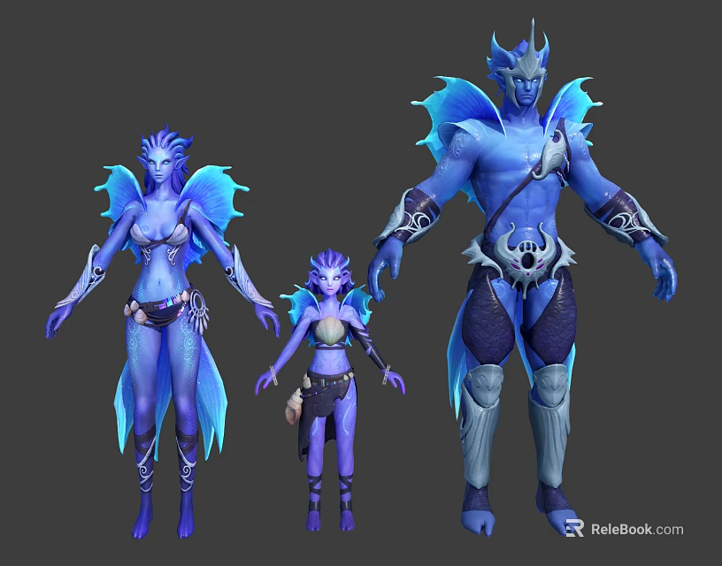 Three Blue Fantasy Characters As Mythical Beings With Aquatic Wings Fins And Different Sizes 3d model 
