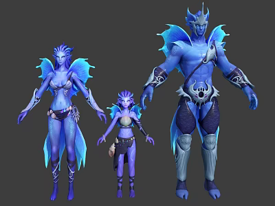 Three Blue Fantasy Characters As Mythical Beings With Aquatic Wings Fins And Different Sizes 3d model