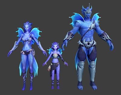 Three Blue Fantasy Characters As Mythical Beings With Aquatic Wings Fins And Different Sizes 3d model