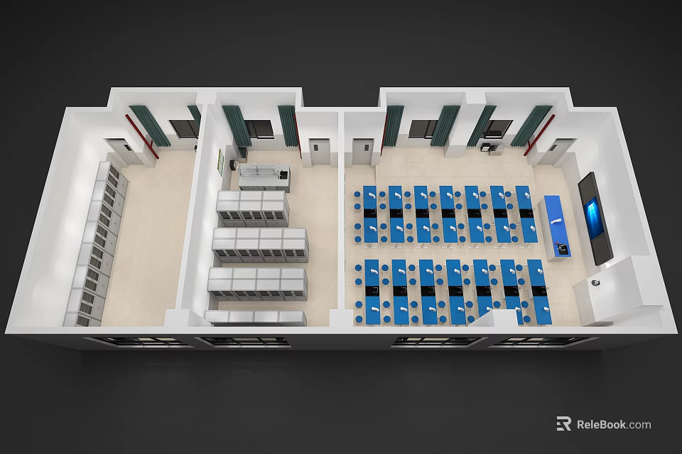 Laboratory Interior Design With Arranged Lab Benches Blue Chairs Lockers And Equipment 3d model 