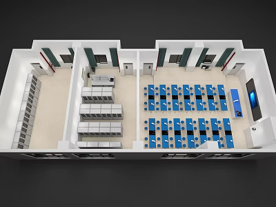 Laboratory Interior Design With Arranged Lab Benches Blue Chairs Lockers And Equipment 3d model