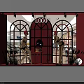 Stylish Red Shop Window Display With Arched Windows Mannequins LOGO Black Decor And Plants