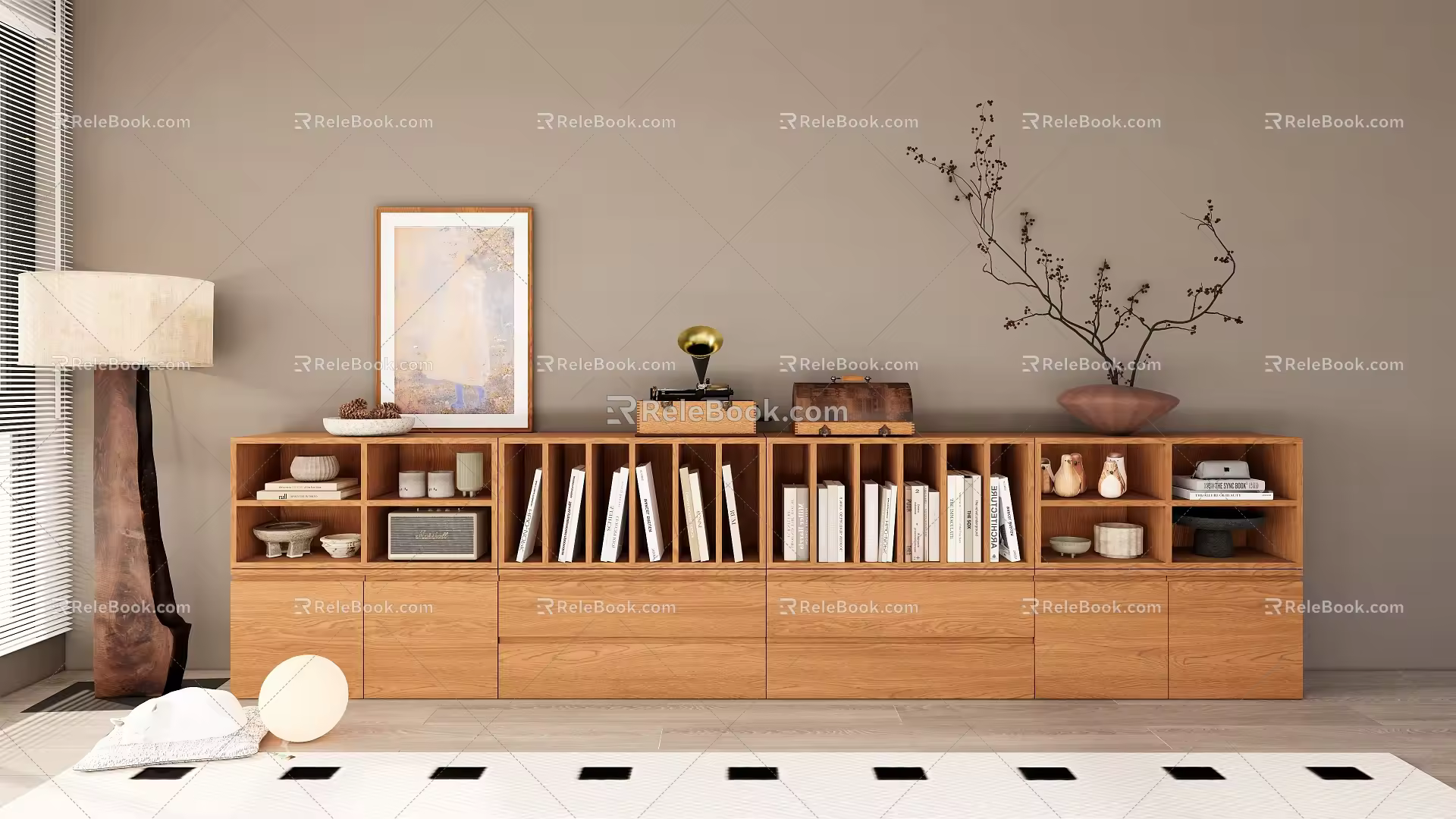 Bookcase Middle Ancient Bookcase Solid Wood Bookcase Book Combination Ornaments Hanging Painting Dried Branches 3d model