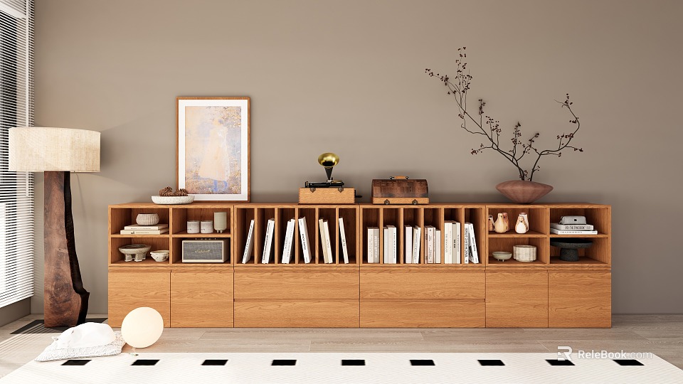 Modern Wooden Bookshelf With Long Compartments Books Decorative Items Vase And Bowls In Living Room 3d model 