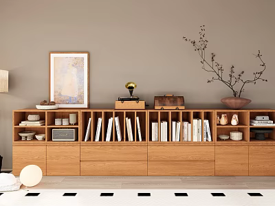 Modern Wooden Bookshelf With Long Compartments Books Decorative Items Vase And Bowls In Living Room 3d model