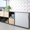 Modern Bookcase Storage Unit With Multiple Compartments Drawers Closed Cabinets Files And Potted Plants