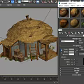 Ancient Building With Thatched Roof Wooden Door Ladder Crates And Shed