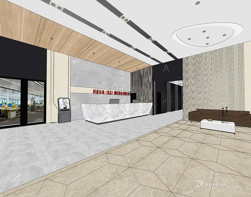 Hotel Lobby Interior With Wooden Ceiling Marble Floor Reception Desk And Lounge Sofa 3d model 