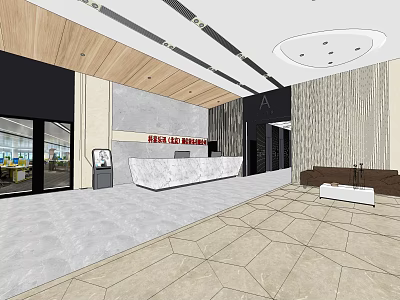 Hotel Lobby Interior With Wooden Ceiling Marble Floor Reception Desk And Lounge Sofa 3d model