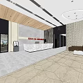 Hotel Lobby Interior With Wooden Ceiling Marble Floor Reception Desk And Lounge Sofa