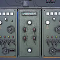 Green Industrial Control Panels Featuring Multiple Buttons Knobs Indicator Lights Top Wires On Dark Background 3d model