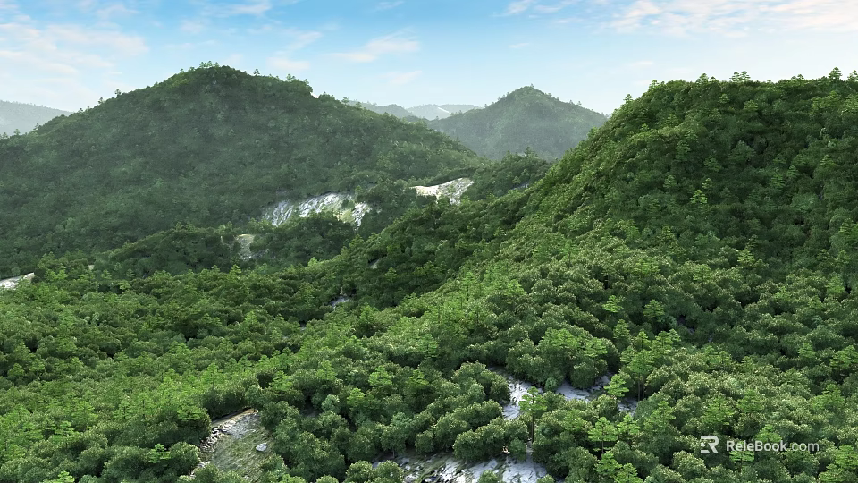 Gorgeous Lush Green Mountain Forest Landscape Under Clear Blue Sky With Winding Valley Streams 3d model 